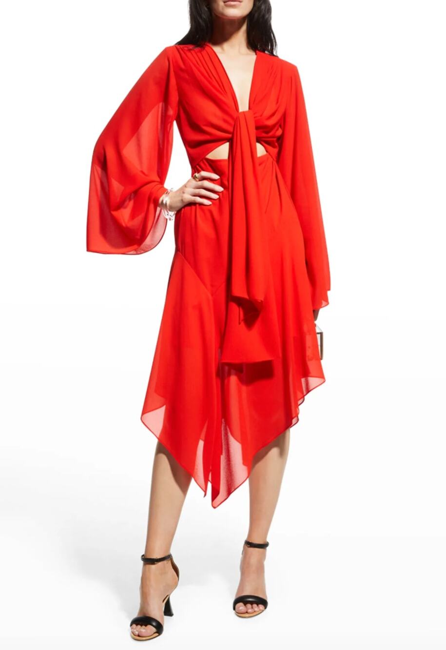 One 33 Red Bell Sleeve Tie Front Asymmetrical Georgette Silk Dress Sz 8 NEW $330